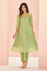Light Green Organza Cutdana and Bead Worked Kurti with Pant