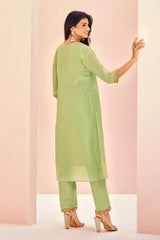 Light Green Organza Cutdana and Bead Worked Kurti with Pant