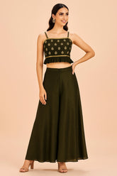 Black Art Silk Cutdana Work Crop Top Palazzo Set