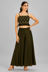 Black Art Silk Cutdana Work Crop Top Palazzo Set