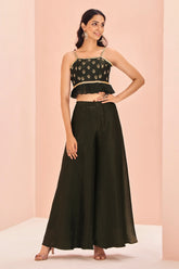 Black Art Silk Cutdana Work Crop Top Palazzo Set - black silk saree