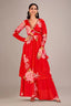 Red Chinon Floral Printed V Neckline Angrakha Style Kurti with Palazzo - red saree