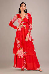 Red Chinon Floral Printed V Neckline Angrakha Style Kurti with Palazzo