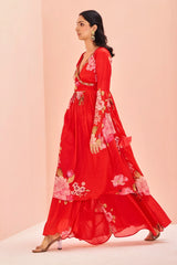 Red Chinon Floral Printed V Neckline Angrakha Style Kurti with Palazzo