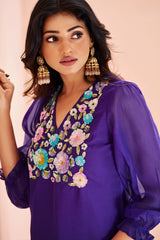 Violet Organza Sequinned Kurti with Pant