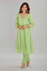 Green Chinon Embroidery Kurti with Pant