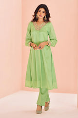 Green Chinon Embroidery Kurti with Pant