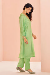 Green Chinon Embroidery Kurti with Pant