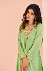 Green Chinon Embroidery Kurti with Pant