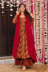 Orange and Pink Muslin Moroccan Printed Anarkali Kurti Set