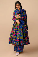 Blue Muslin Printed Anarkali Kurti Set
