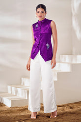Purple Gaji Silk Stand Neckline Top with Adorned with Intricate Handwork - purple silk saree