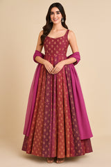 Pink and Multi Colored Chinon Printed Flared Anarkali Kurti