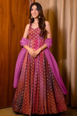 Pink and Multi Colored Chinon Printed Flared Anarkali Kurti