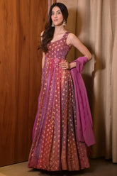 Pink and Multi Colored Chinon Printed Flared Anarkali Kurti - red saree