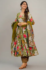 Olive Green Muslin Printed Anarkali Kurti Set