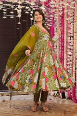 Olive Green Muslin Printed Anarkali Kurti Set