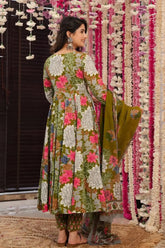Olive Green Muslin Printed Anarkali Kurti Set - green muslin saree