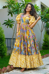 Mustard Rayon Printed Maxi Dress