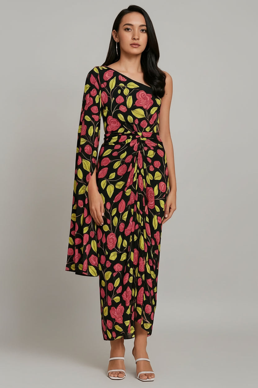 Black Chinon Silk One Sided Cape Style Printed Dress - black silk saree
