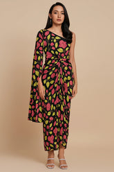 Black Chinon Silk One Sided Cape Style Printed Dress