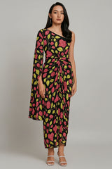 Black Chinon Silk One Sided Cape Style Printed Dress - black silk saree