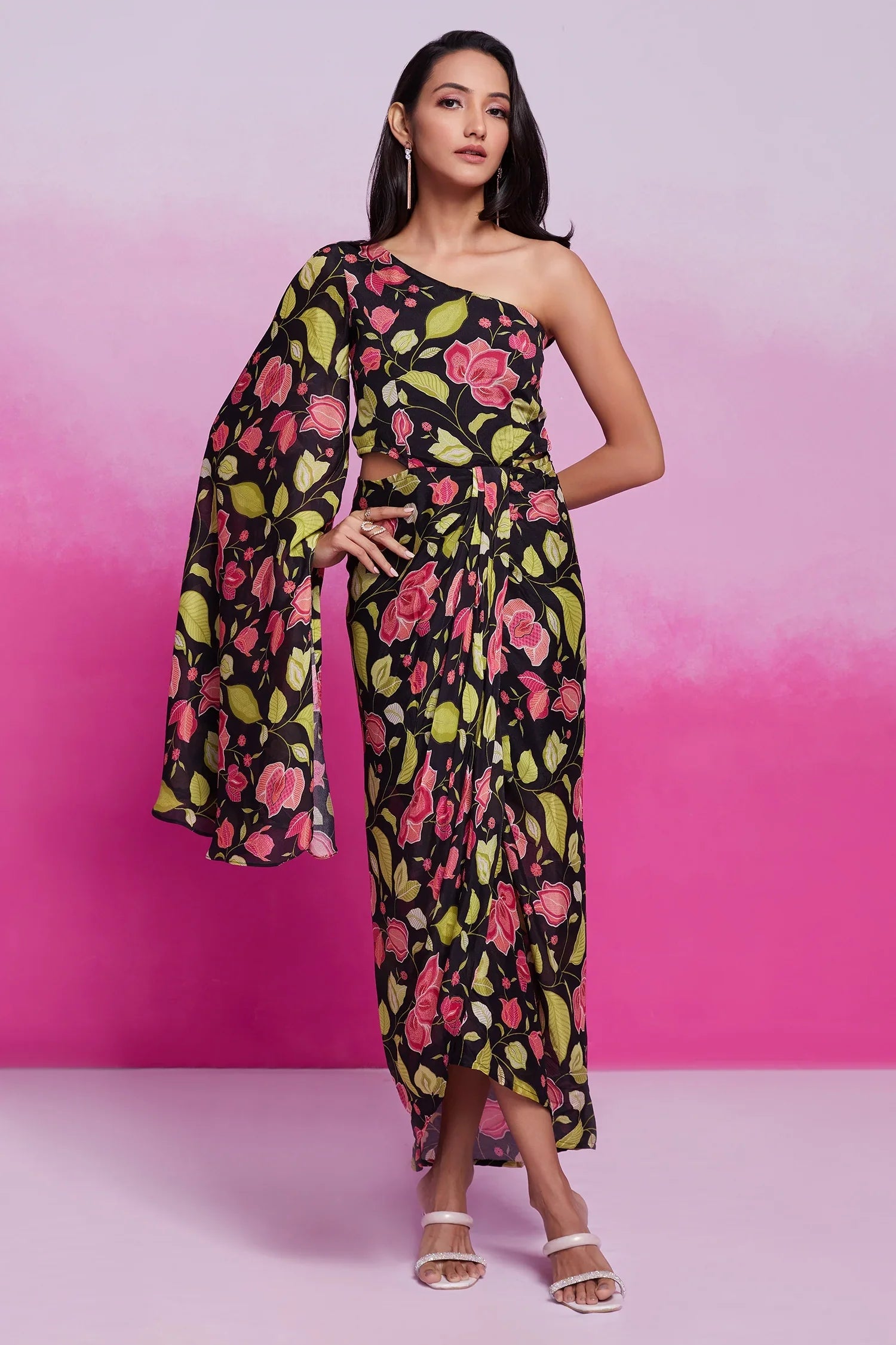 Black Chinon Silk One Sided Cape Style Printed Dress - black silk saree