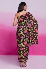 Black Chinon Silk One Sided Cape Style Printed Dress - black silk saree