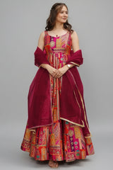 Magenta and Multi Colored Silk Printed Anarkali Kurti with Dupatta