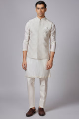 Ivory White Silk Sequin Embroidered Kurta Pajama with Jacket
