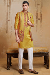 Yellow Silk Embroidered Kurta Pajama with Jacket