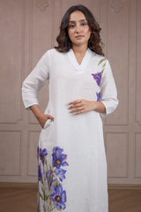 Pearl White Linen Floral Printed Co-Ord Set with Pocket