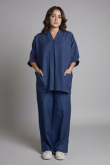 Navy Blue Linen Co-Ord Set with Pocket