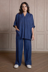 Navy Blue Linen Co-Ord Set with Pocket