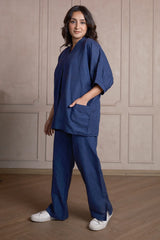 Navy Blue Linen Co-Ord Set with Pocket