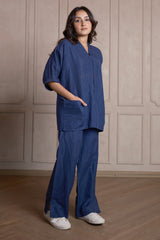 Navy Blue Linen Co-Ord Set with Pocket