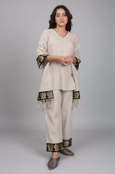 Oyster Beige Linen Co-Ord Set with Lotus Embroidery On Sleeves