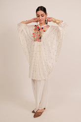 Pearl White Silk Intricate Thread Embroidery Kaftan Style Top - white silk saree embroidery