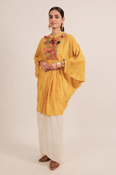 Yellow Silk Intricate Thread Embroidery Kaftan Style Top - yellow silk saree embroidery