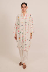 Pearl White Silk Thread Embroidered Straight Cut Top