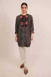 Black Cotton Shibori Print and Sequin Embroidered Top
