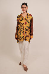 Yellow Silk Floral Printed Shirt Style Top