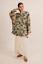 Green Silk Floral Printed Shirt Style Top