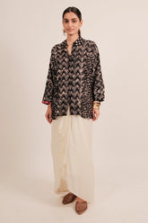 Black Cotton Shibori Printed and Sequin Work Shirt Style Top