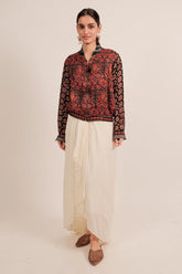 Black Silk Digital Printed Jacket Style Tunic Top