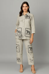 Off White Linen Animal Printed Co-Ord Set with Pockets