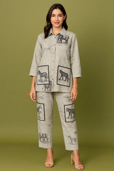 Off White Linen Animal Printed Co-Ord Set with Pockets