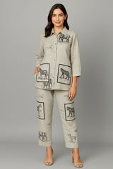 Off White Linen Animal Printed Co-Ord Set with Pockets