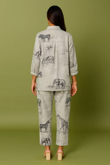 Off White Linen Animal Printed Co-Ord Set with Pockets
