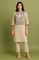 Beige Linen Embroidered Co-Ord Set
